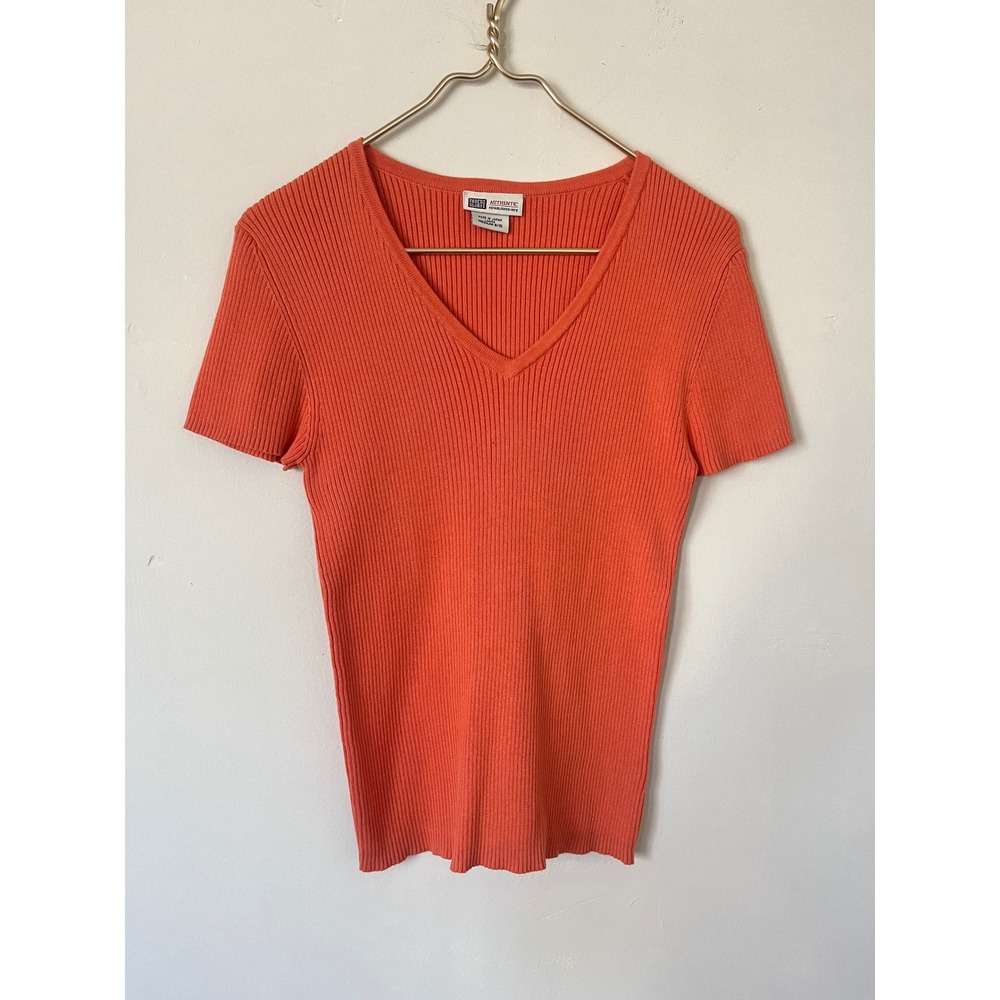 Faded Glory Womens V-Neck Ribbed Knit Short Sleeve Top Orange Coral Cotton Y2K M